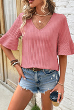 Load image into Gallery viewer, Peach Blossom Ruffled Short Sleeve V Neck Textured Blouse
