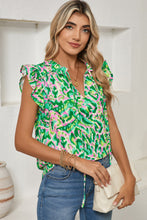 Load image into Gallery viewer, Green Abstract Print Frill Split Neck Ruffle Sleeveless Top
