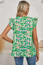 Load image into Gallery viewer, Green Abstract Print Frill Split Neck Ruffle Sleeveless Top
