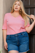 Load image into Gallery viewer, Peach Blossom Solid Color Textured V Neck Short Sleeve Plus Size Blouse
