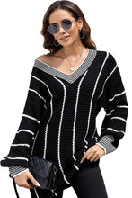 Load image into Gallery viewer, Black Contrast V Neck Loose Tunic Sweater
