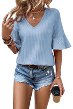 Load image into Gallery viewer, Peach Blossom Ruffled Short Sleeve V Neck Textured Blouse
