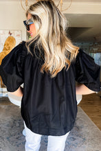 Load image into Gallery viewer, Black Ruched Puff Sleeve Loose Buttoned Up Blouse
