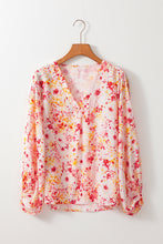 Load image into Gallery viewer, Pink Floral Print V-Neck Lantern Sleeve Blouse
