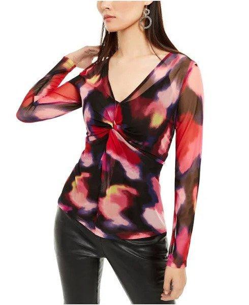 INC - Abstract Watercolor Print Twist Front V-Neck Blouse