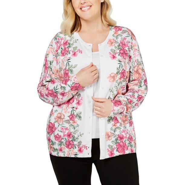 Karen Scott - Floral Print Button Up Crewneck Cardigan