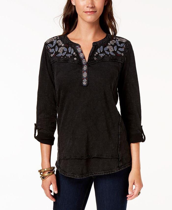 Style & Co - Solid Floral Embroidered Split Neck Blouse