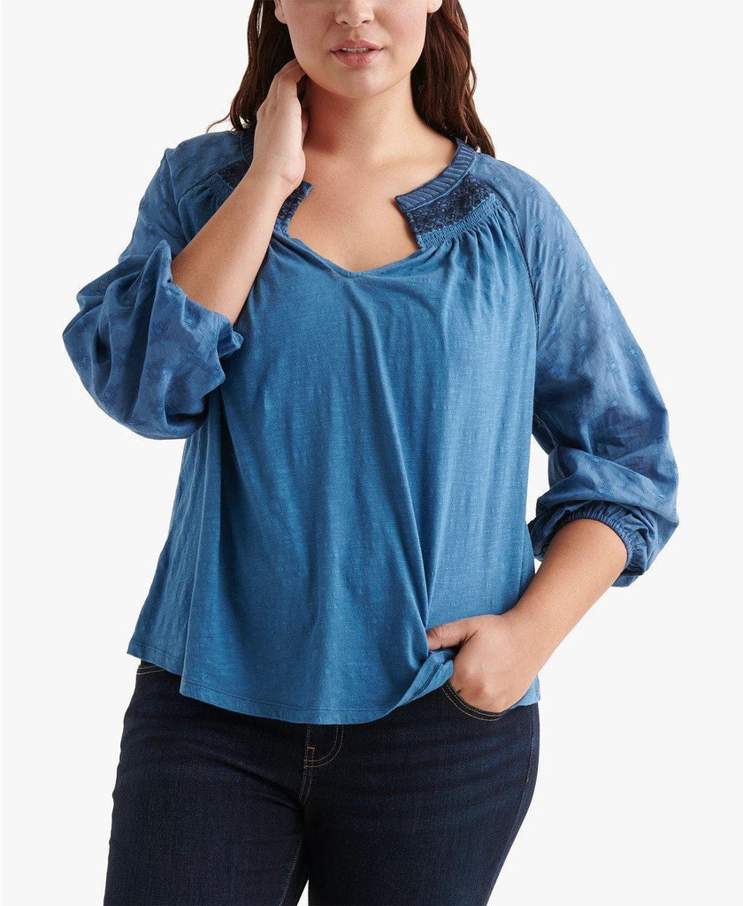 Lucky Brand - Solid Embroidered Split Neck Blouse