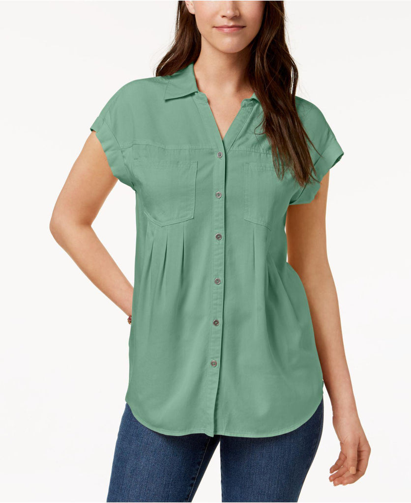 Style & Co - Solid Pleated Button Up Collared Top