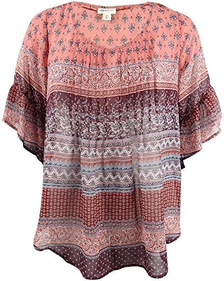 Style & Co - Mixed Print Chiffon Scoop Neck Blouse