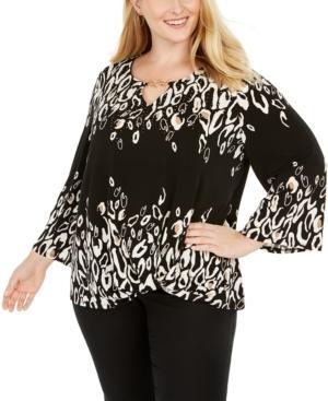 JM Collection -Dapple Printed Bell Sleeve Keyhole Blouse