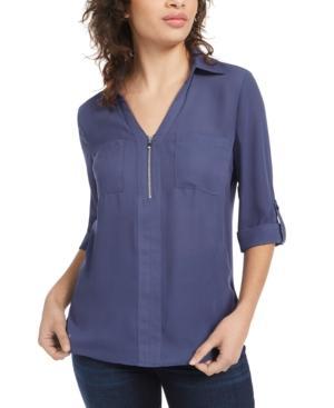 BCX - Solid Zippered Roll Tab V-Neck Top