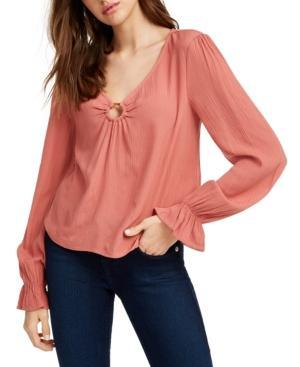 Ditsy Dream by RDG - Solid Ring Detail Ruffled Sleeve V-Neck Blouse