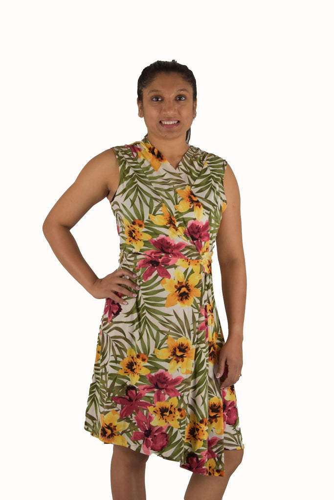 NY Collection -  Tropical Floral Print Faux Wrap Knee Length Dress