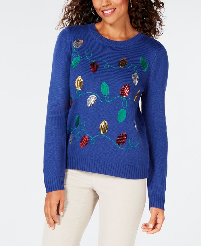 Karen Scott - Solid Embroidered & Sequins Crewneck Holiday Sweater