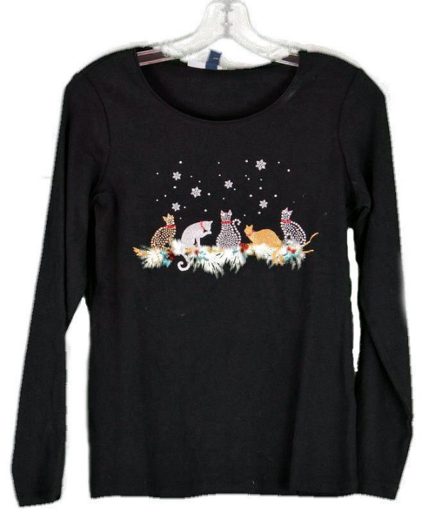 Karen Scott - Solid Embellished Holiday Cats Print Scoop Neck Top