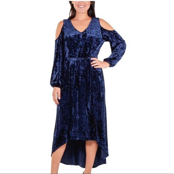 NY Collection - Solid Velvet High Low Cold Shoulder Midi Dress