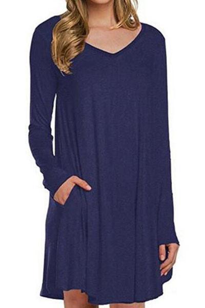 Jepriv Fashion -Solid Invisible Pocket V-Neck T-Shirt Dress