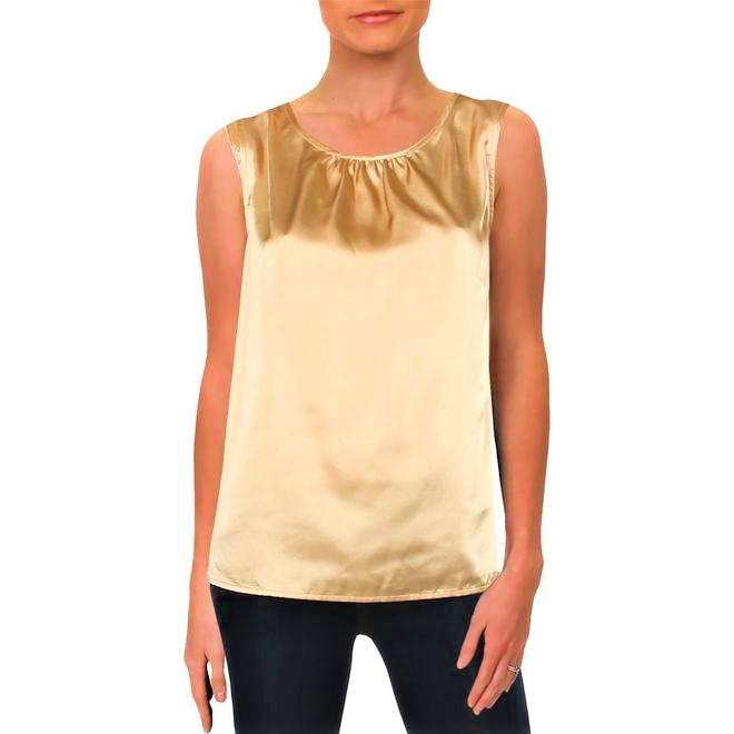 Le Suit - Solid Sleeveless Satin Pleated Scoop Neck Blouse