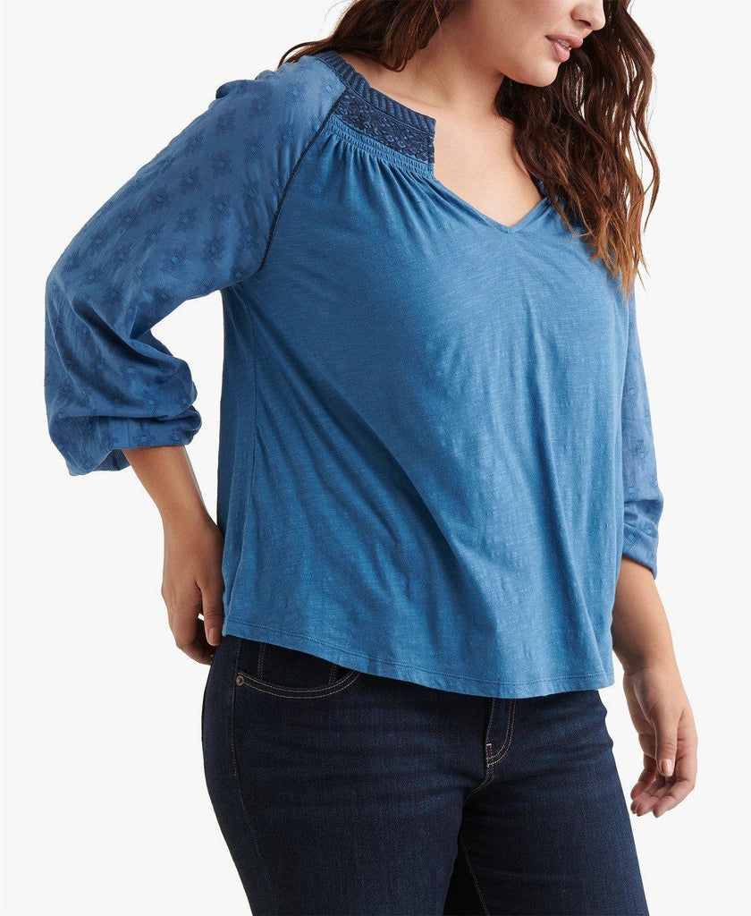 Lucky Brand - Solid Embroidered Split Neck Blouse