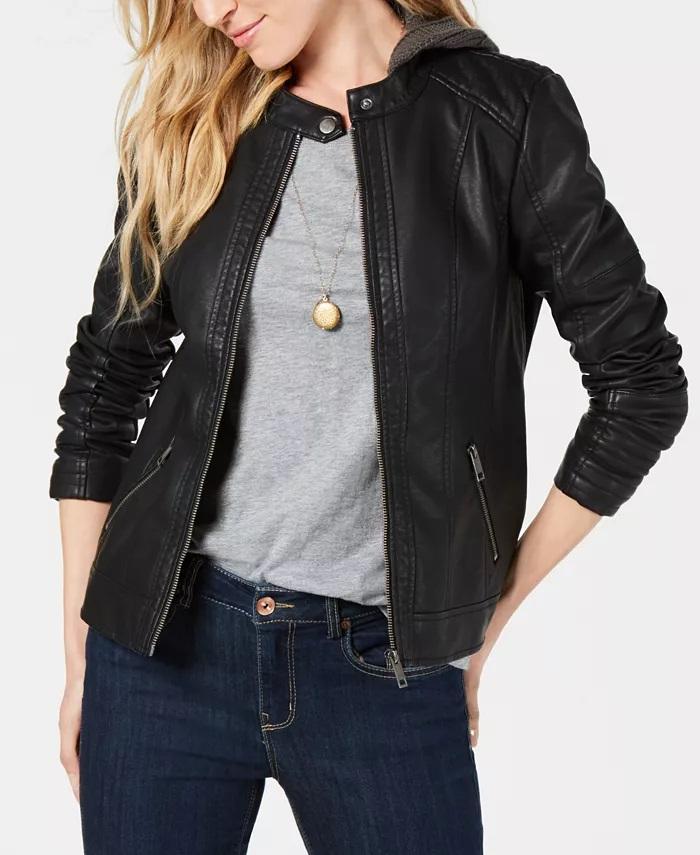 Style & Co - Solid Hooded Faux Leather Jacket