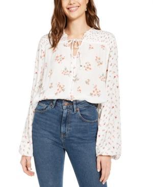 Hippie Rose - Floral Print Bell Sleeve Tie Neck Blouse