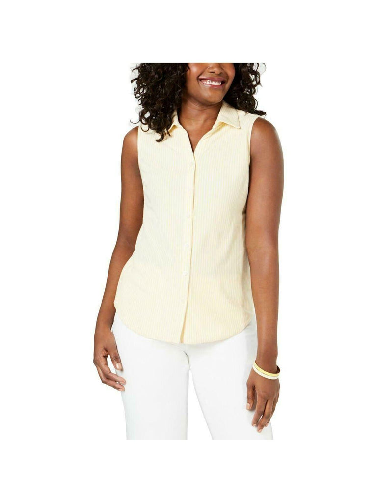 Charter Club - Solid Sleeveless Button Down Collared Blouse