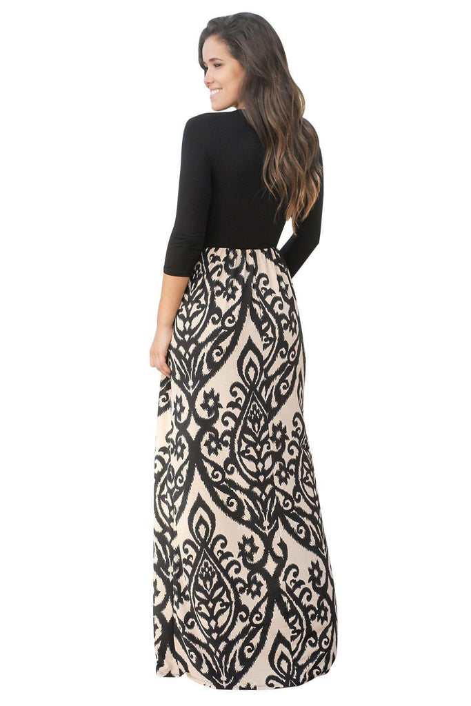 Jepriv Fashion -Solid Criss Cross Printed Skirt Scoop Neck Floor Length Dress